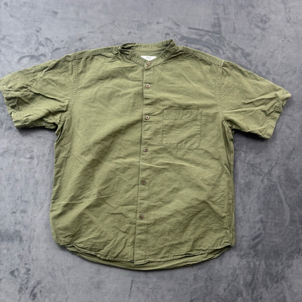 Uniqlo Mens M Olive Green Linen Blend Band Collar Short Sleeve Button Down Shirt